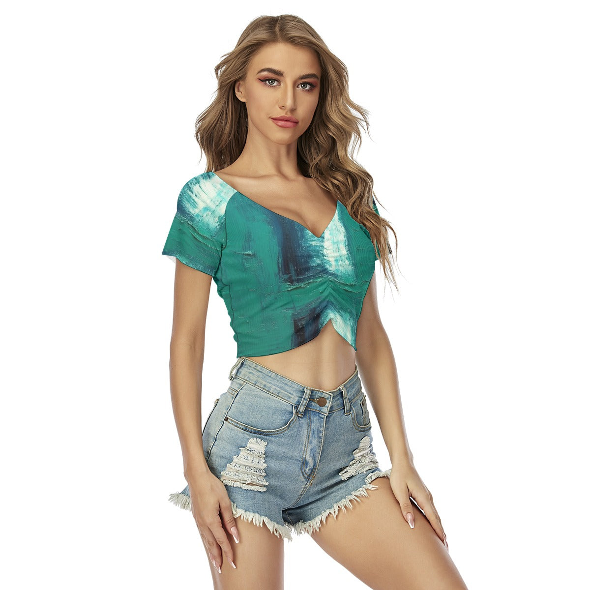 All-Over Print Women's Raglan Drawstring Front  Crop Tee