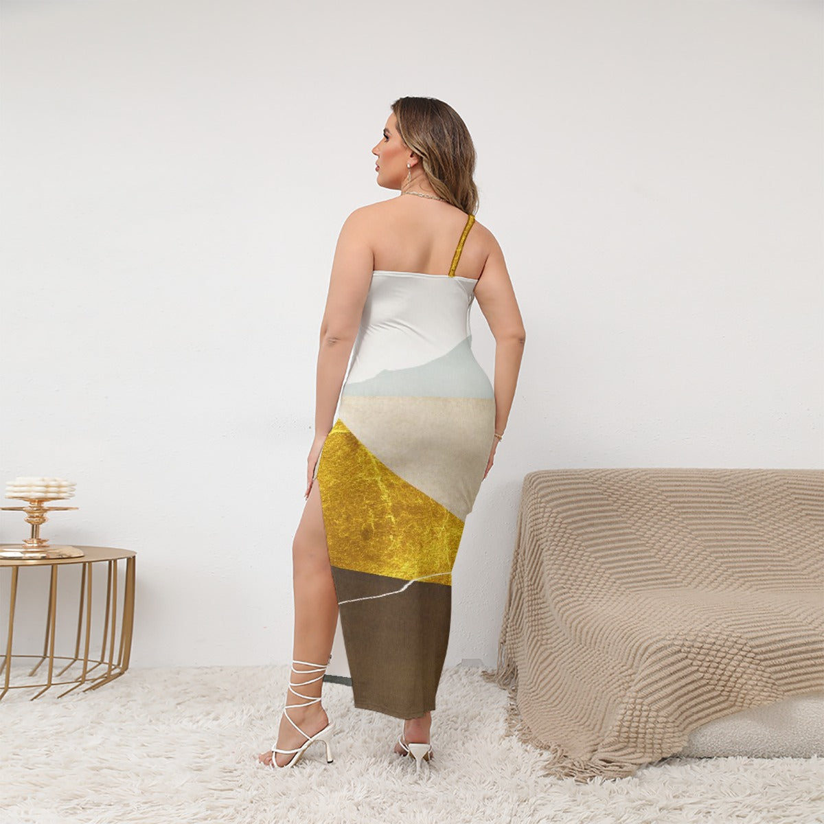 All-Over Print Women's Oblique-Shoulder Exposure Dress With Side Split (Plus Size)