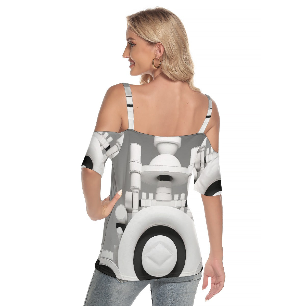 All-Over Print Women's Cold Shoulder T-shirt With Criss Cross Strips