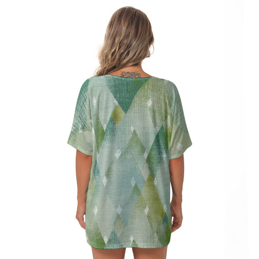 All-Over Print Women's Bat Sleeves V-Neck Blouse