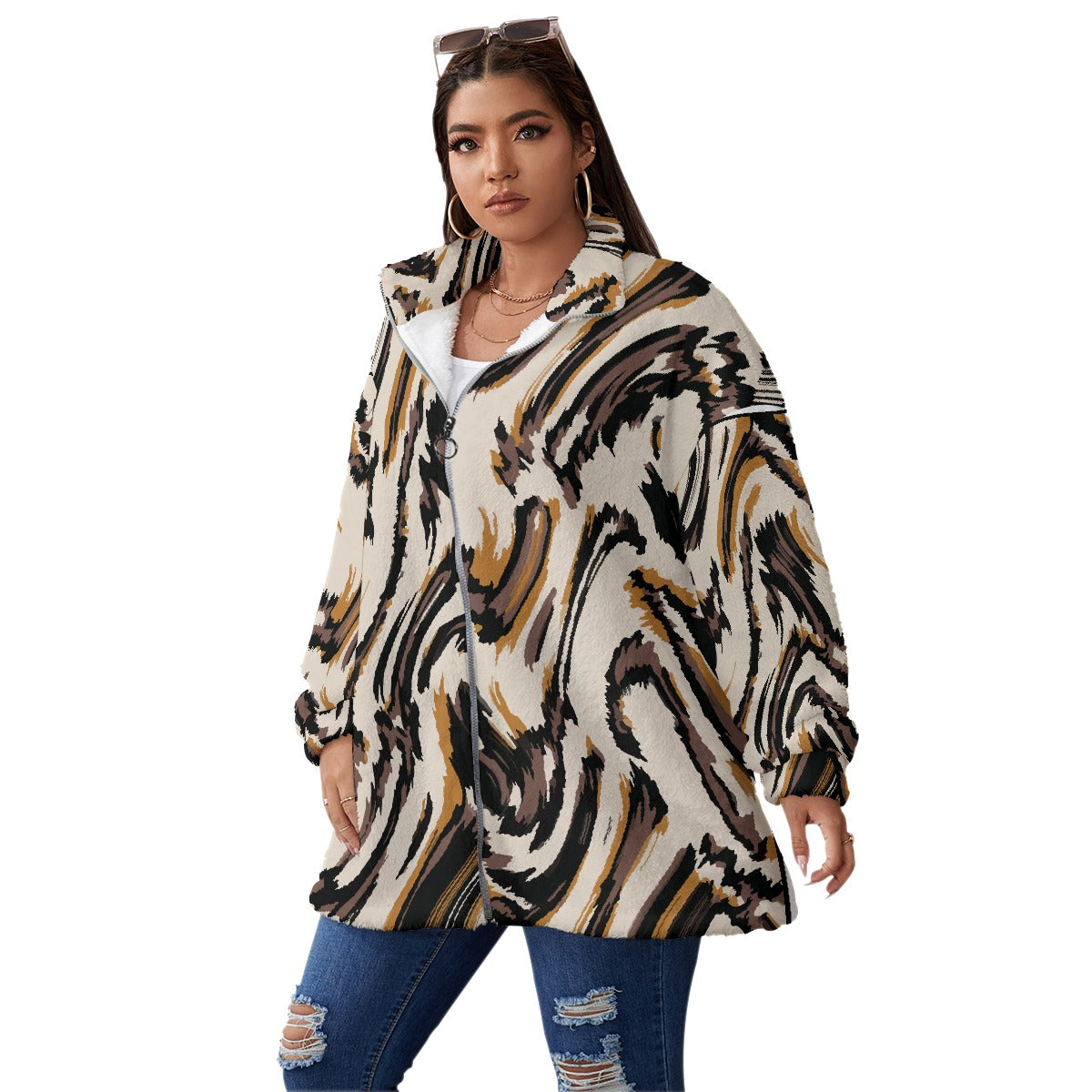 All-Over Print Unisex Borg Fleece Stand-up Collar Coat With Zipper Closure(Plus Size)