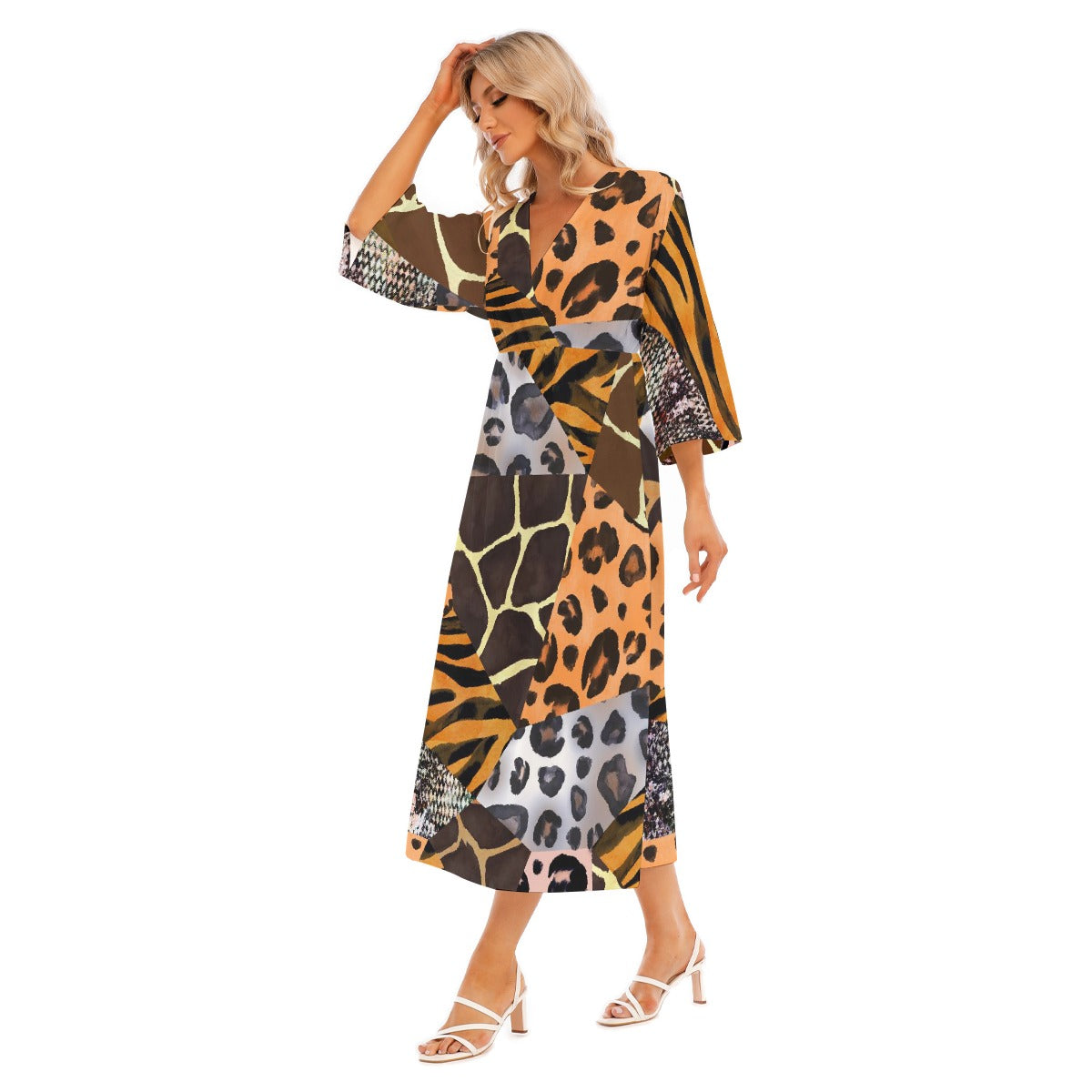 All-Over Print Women's Mid-Sleeve Long Dress