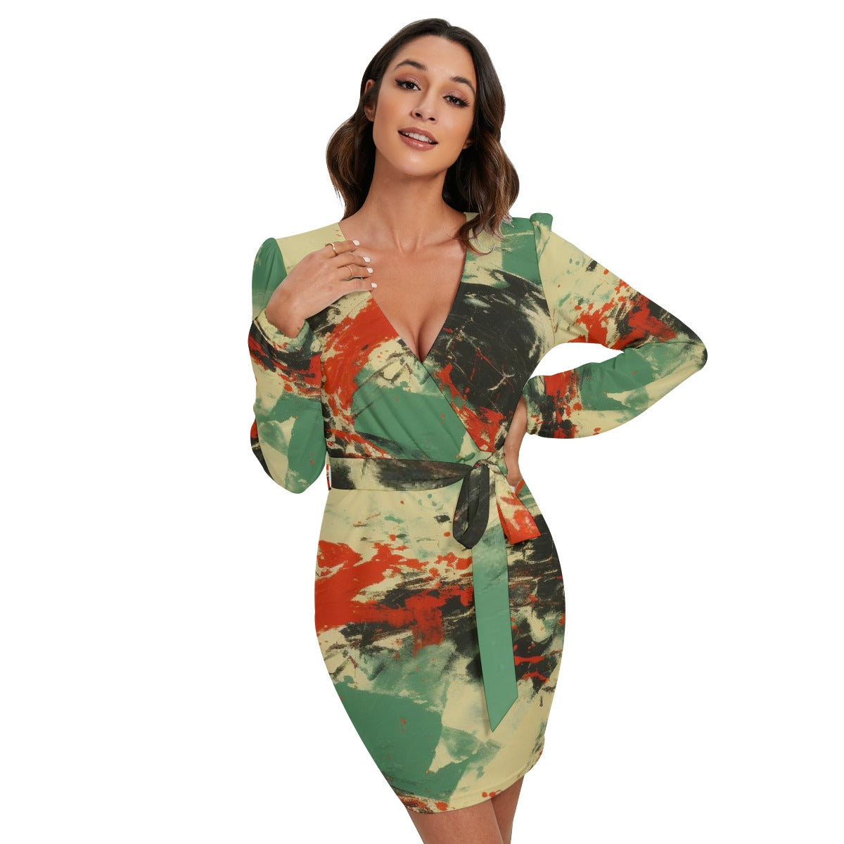 All-Over Print Women's Long Sleeve Dress With Waist Belt