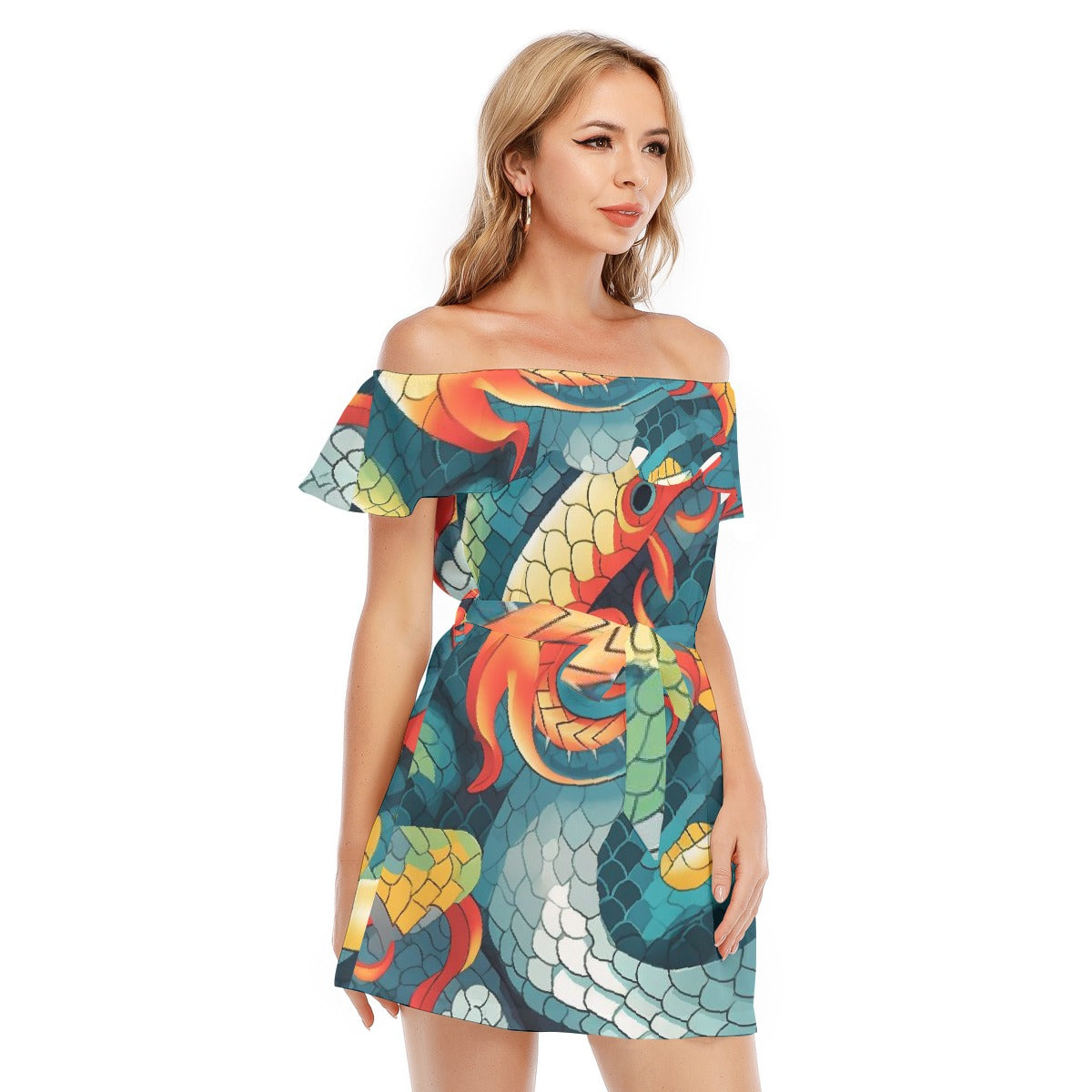 All-Over Print Women's Off-shoulder Dress With Ruffle