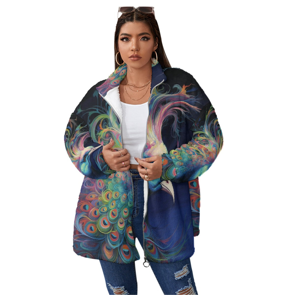 All-Over Print Unisex Borg Fleece Stand-up Collar Coat With Zipper Closure(Plus Size)