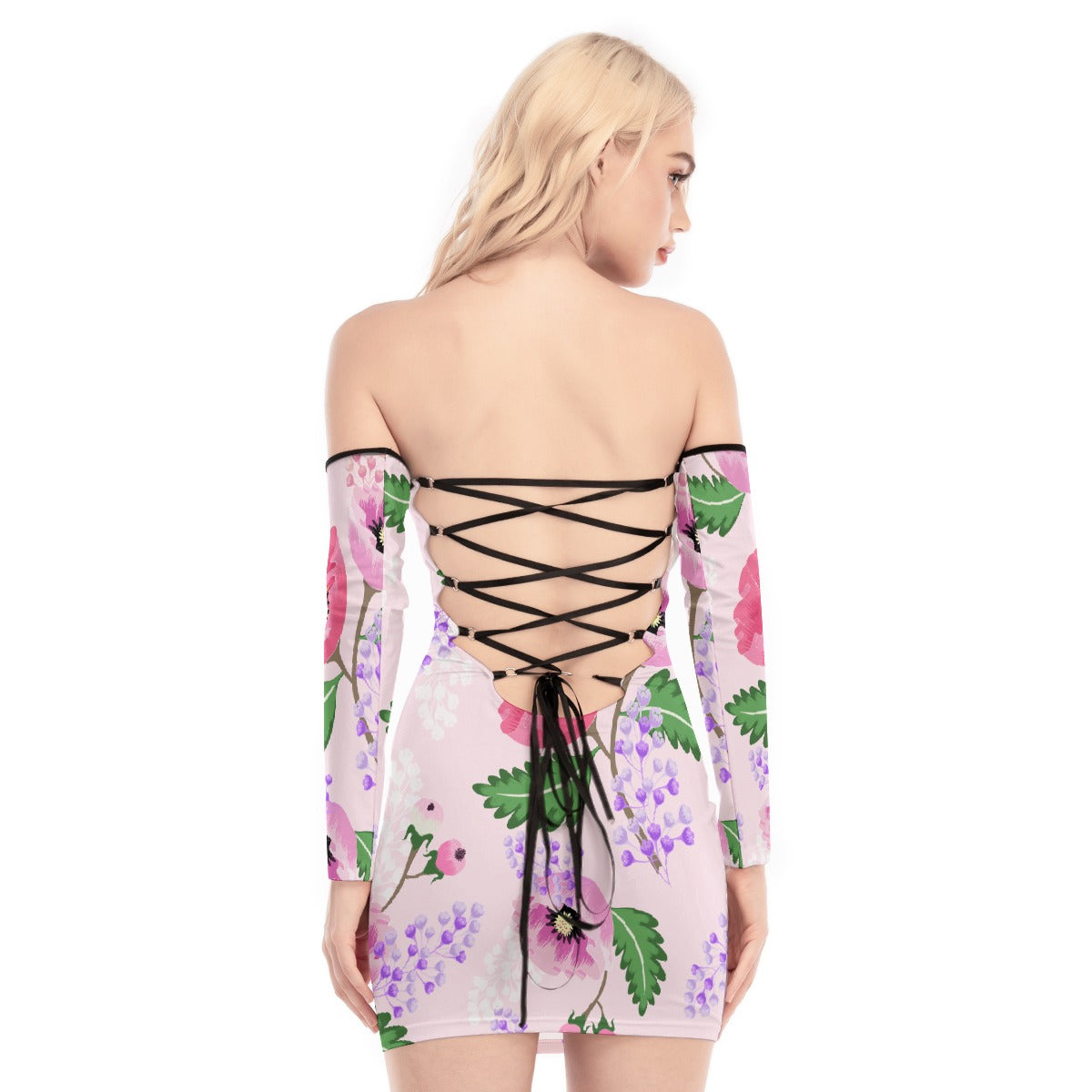 All-Over Print Women's Off-shoulder Back Lace-up Dress