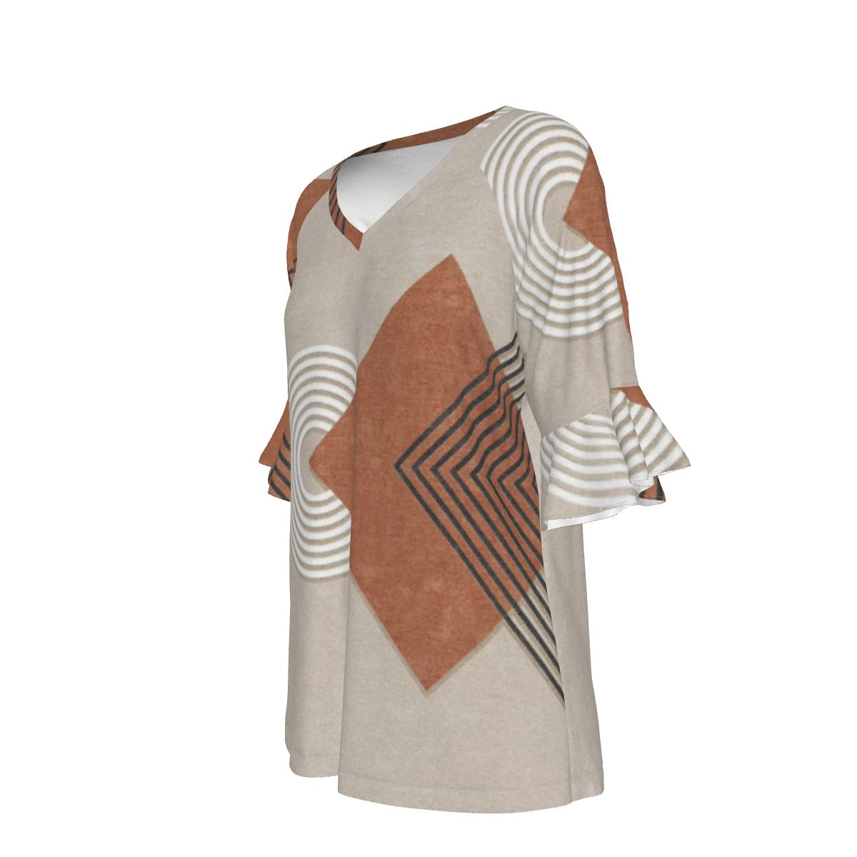 All-Over Print V-neck Women's T-shirt With Bell Sleeve