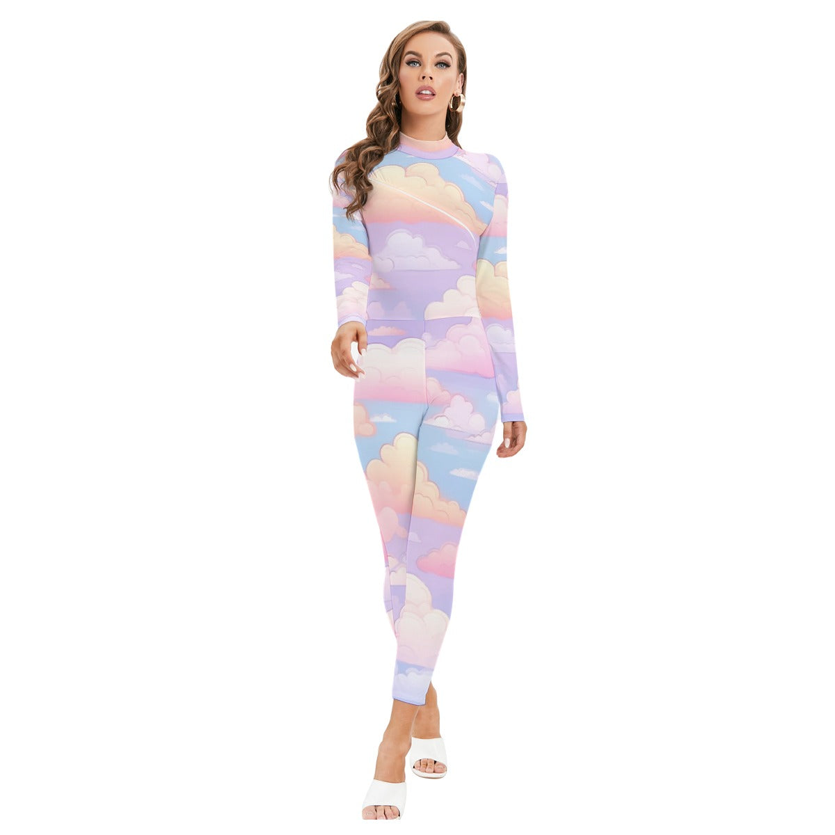 All-Over Print Women's Long-sleeved High-neck Jumpsuit With Zipper