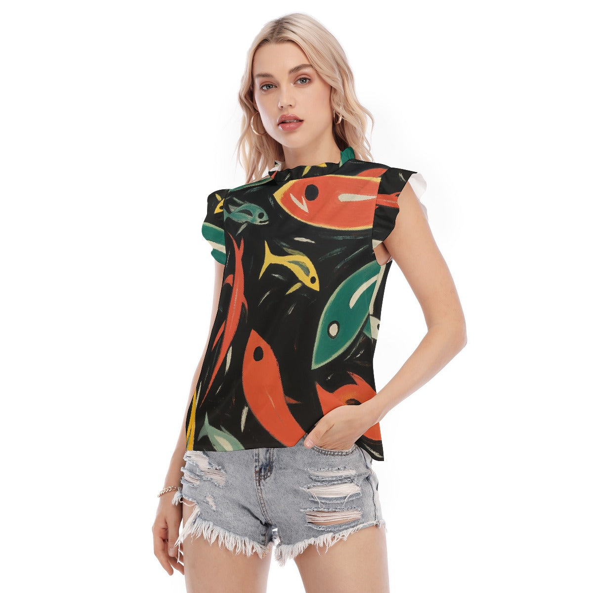All-Over Print Women's Blouse With Ruffle Collar And Sleeve