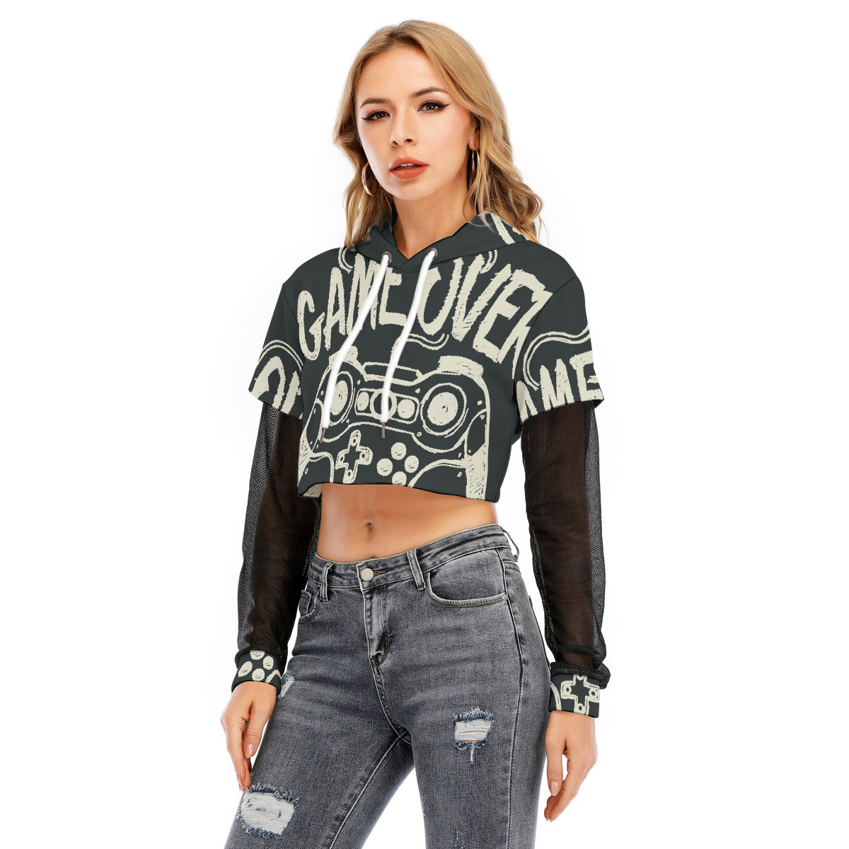 All-Over Print Women's Fake Two-piece Mesh Sleeve Cropped Hoodie