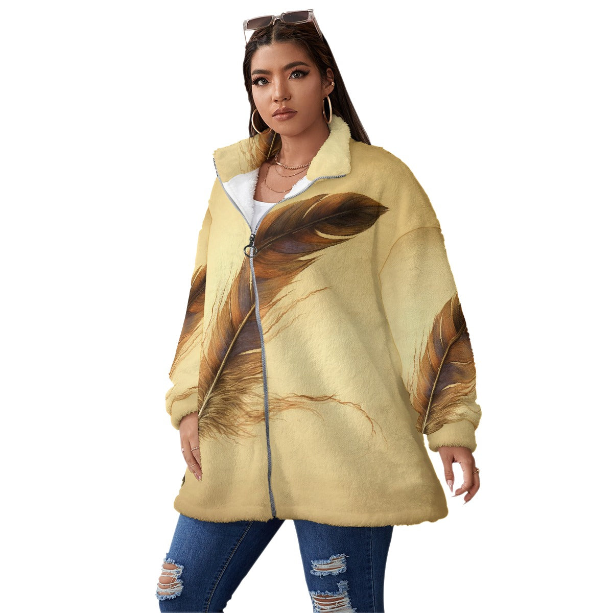 All-Over Print Unisex Borg Fleece Stand-up Collar Coat With Zipper Closure(Plus Size)