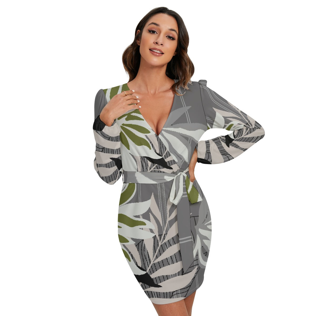 All-Over Print Women's Long Sleeve Dress With Waist Belt