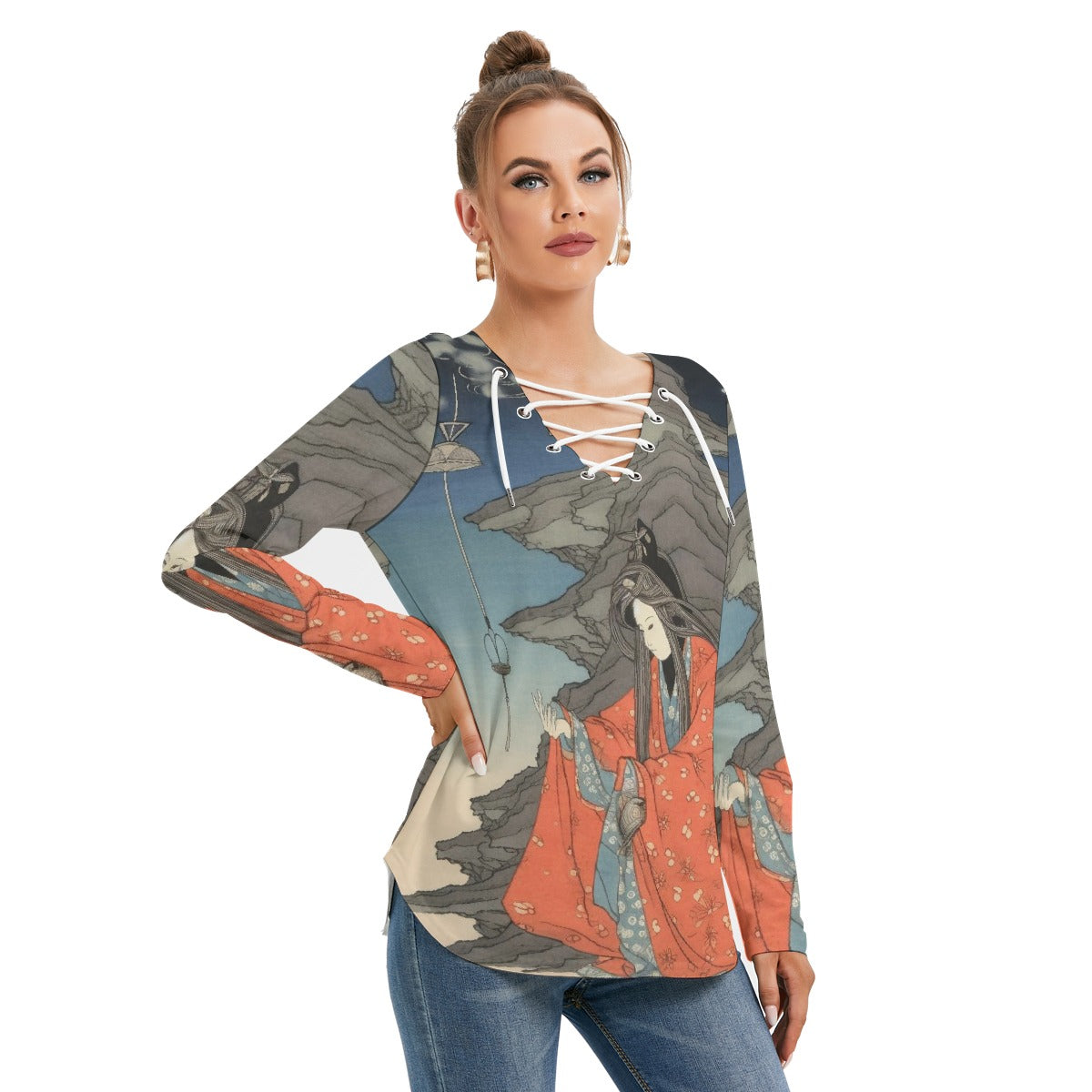 All-Over Print Women's Long Sleeve Neckline Tie Sweatshirt