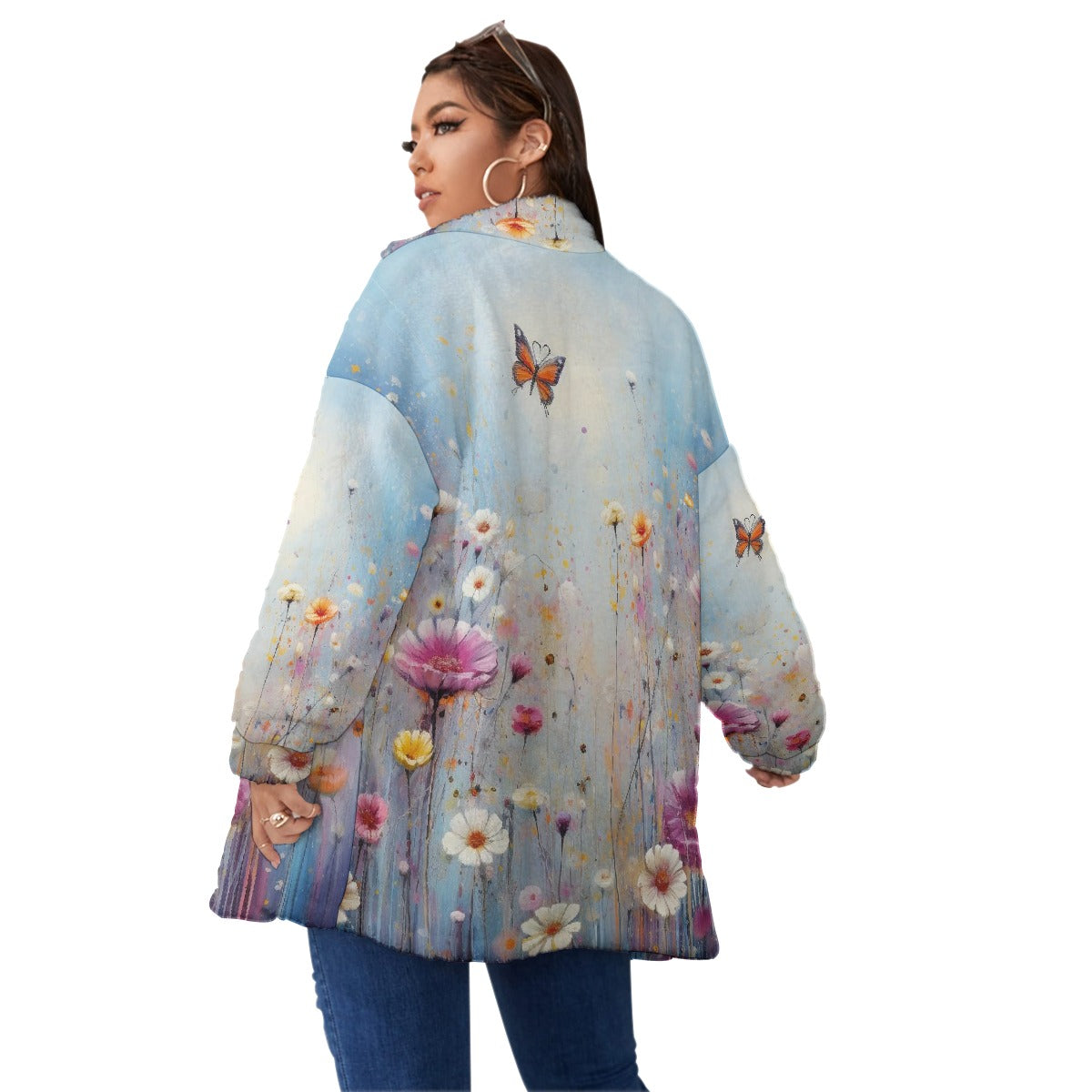 All-Over Print Unisex Borg Fleece Stand-up Collar Coat With Zipper Closure(Plus Size)