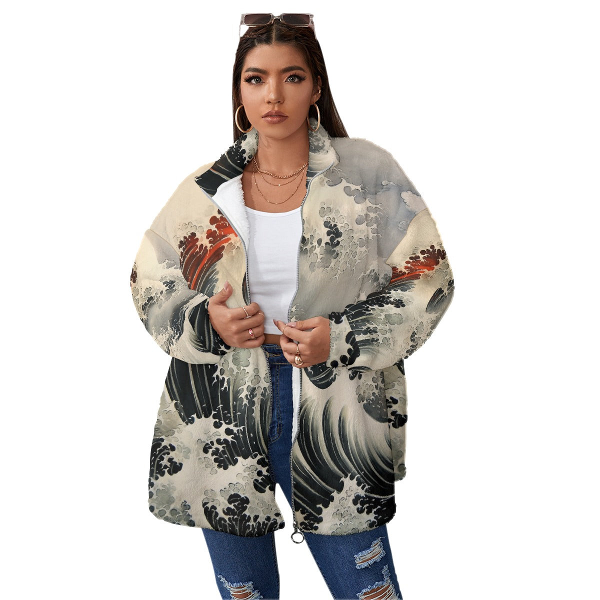 All-Over Print Unisex Borg Fleece Stand-up Collar Coat With Zipper Closure(Plus Size)