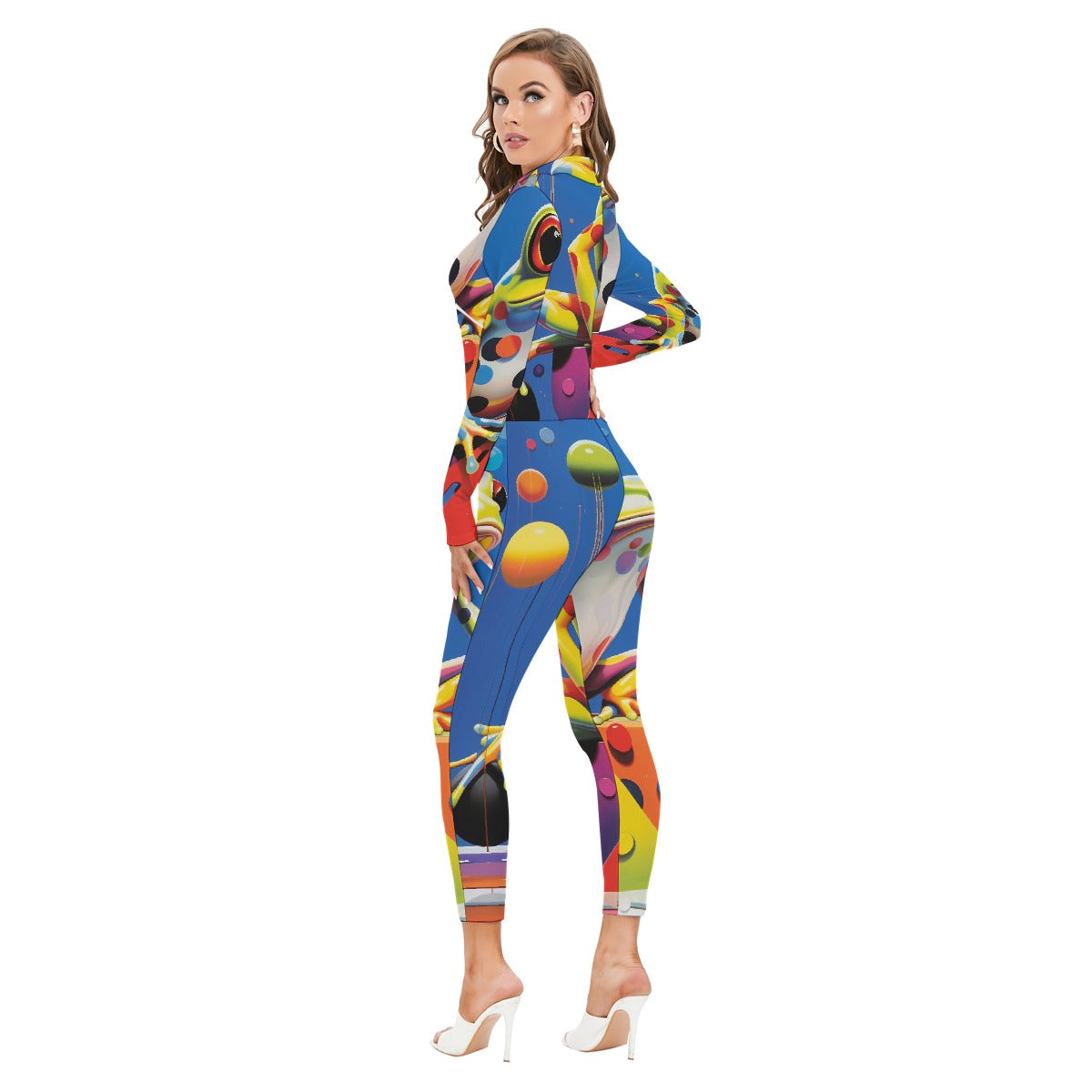 All-Over Print Women's Long-sleeved High-neck Jumpsuit With Zipper
