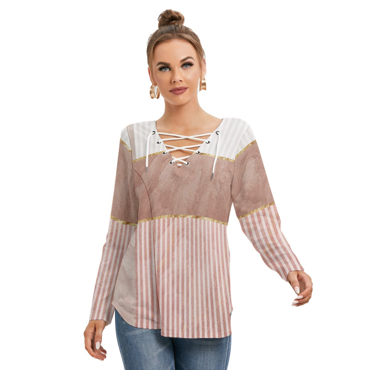 All-Over Print Women's Long Sleeve Neckline Tie Sweatshirt