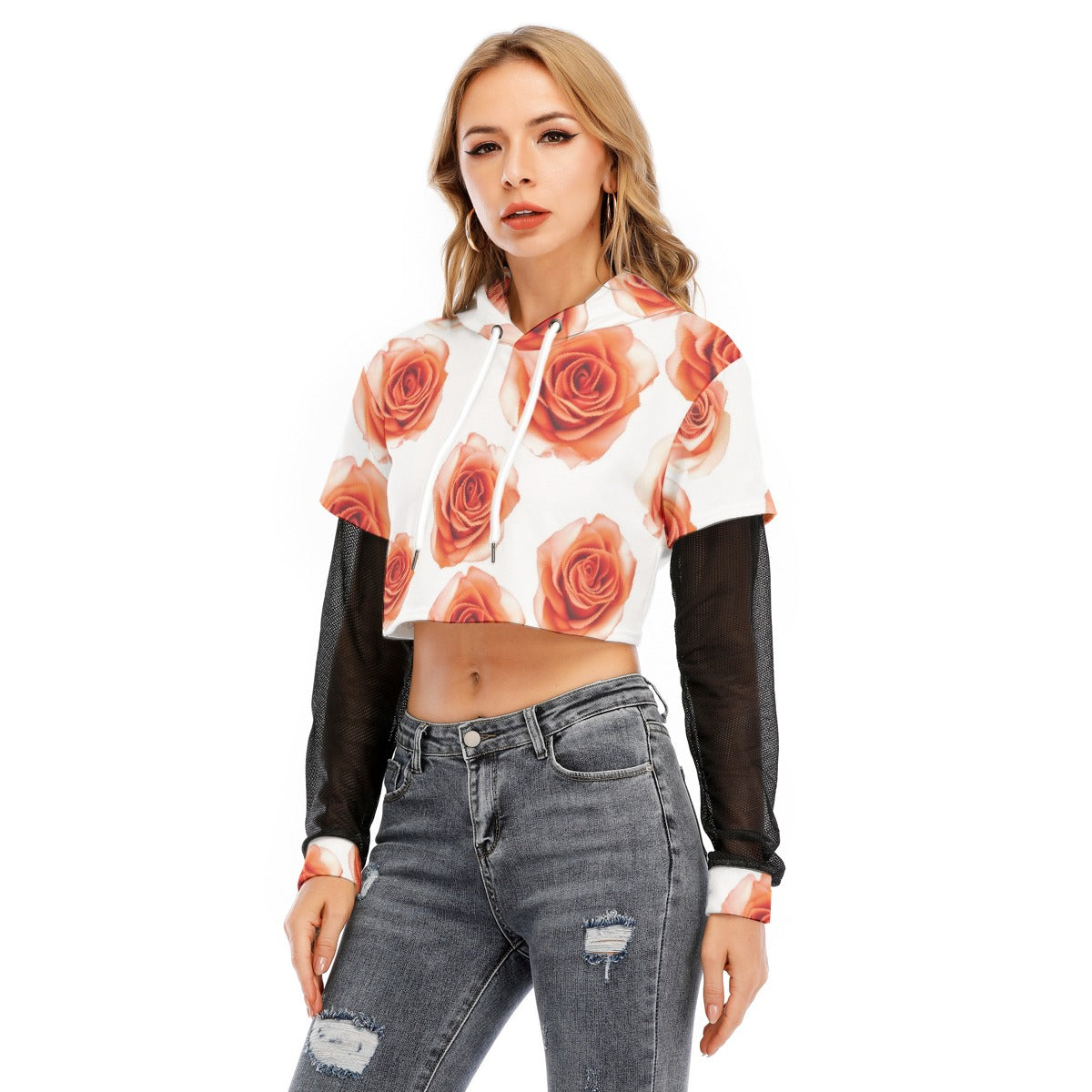 All-Over Print Women's Fake Two-piece Mesh Sleeve Cropped Hoodie