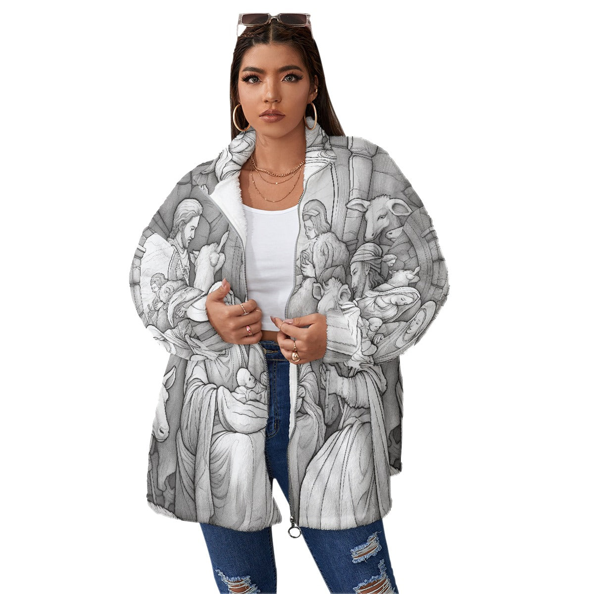 All-Over Print Unisex Borg Fleece Stand-up Collar Coat With Zipper Closure(Plus Size)