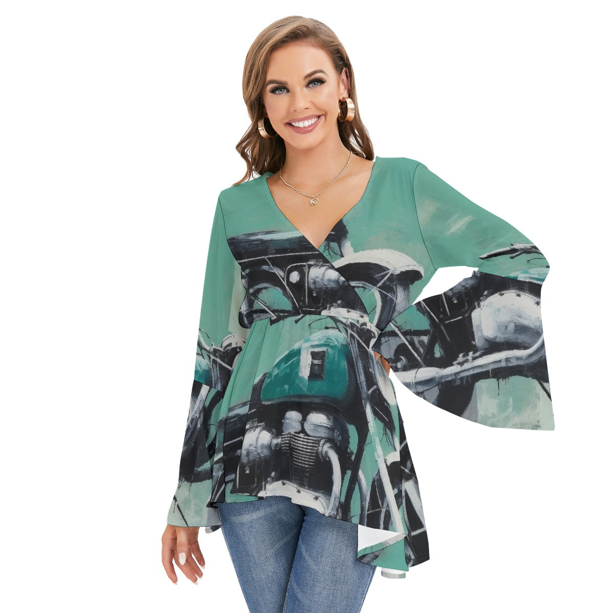 All-Over Print Women's V-neck Blouse With Flared Sleeves