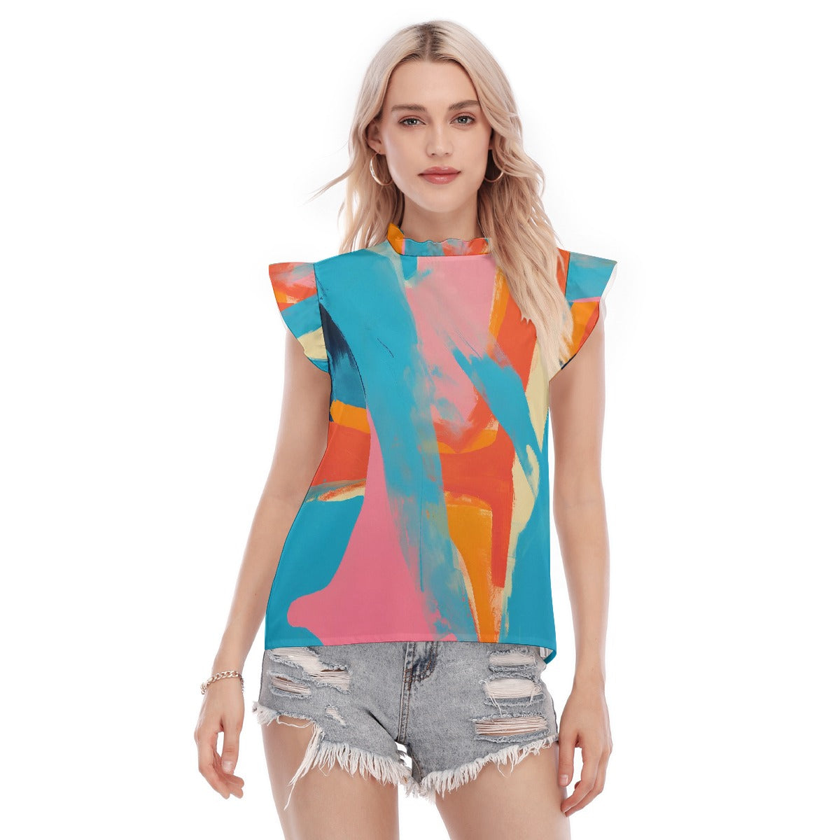 All-Over Print Women's Blouse With Ruffle Collar And Sleeve