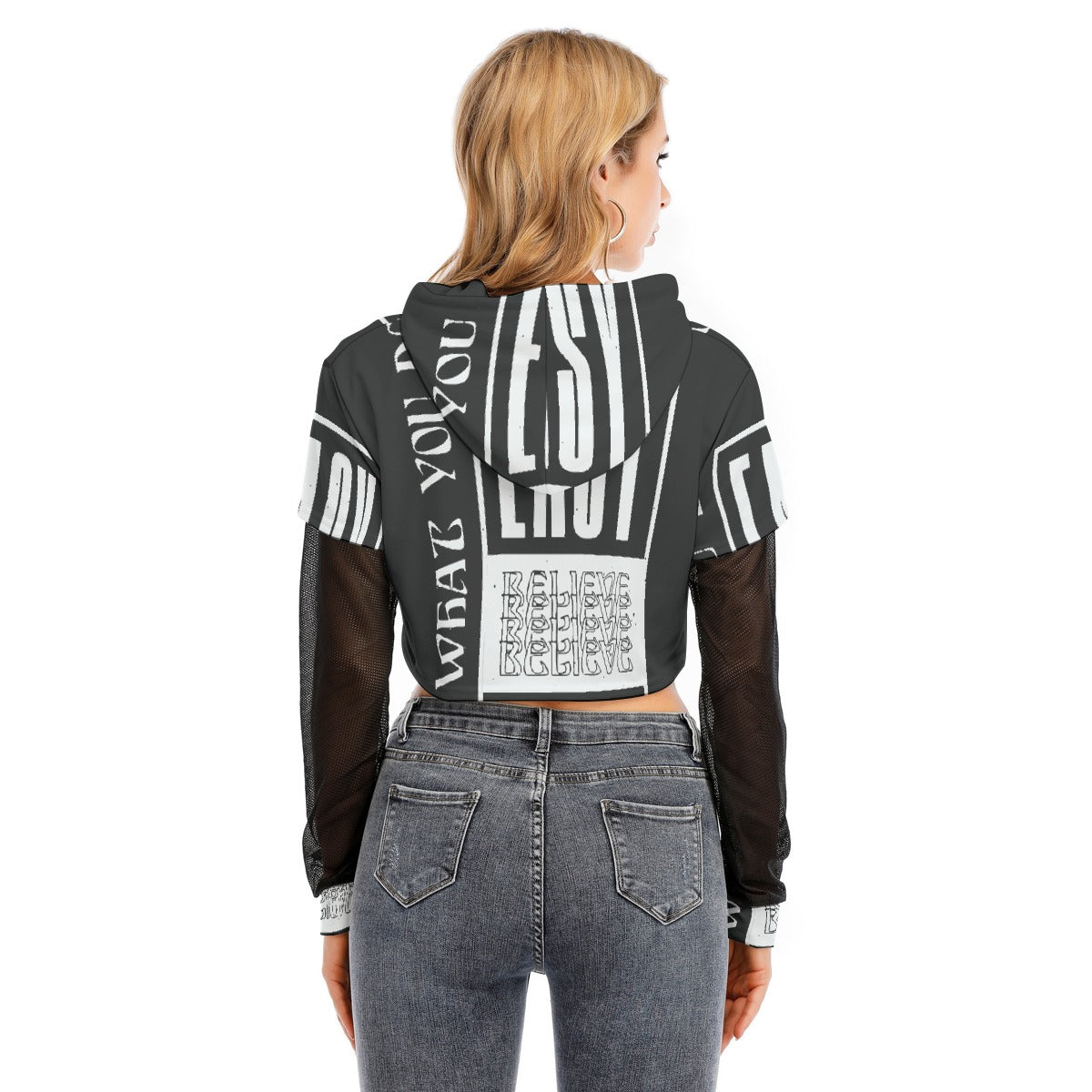 All-Over Print Women's Fake Two-piece Mesh Sleeve Cropped Hoodie
