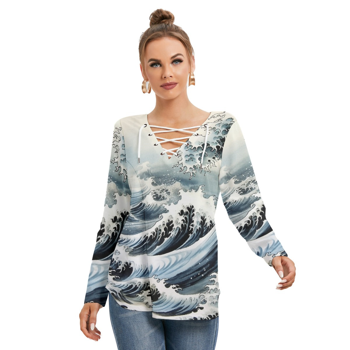 All-Over Print Women's Long Sleeve Neckline Tie Sweatshirt