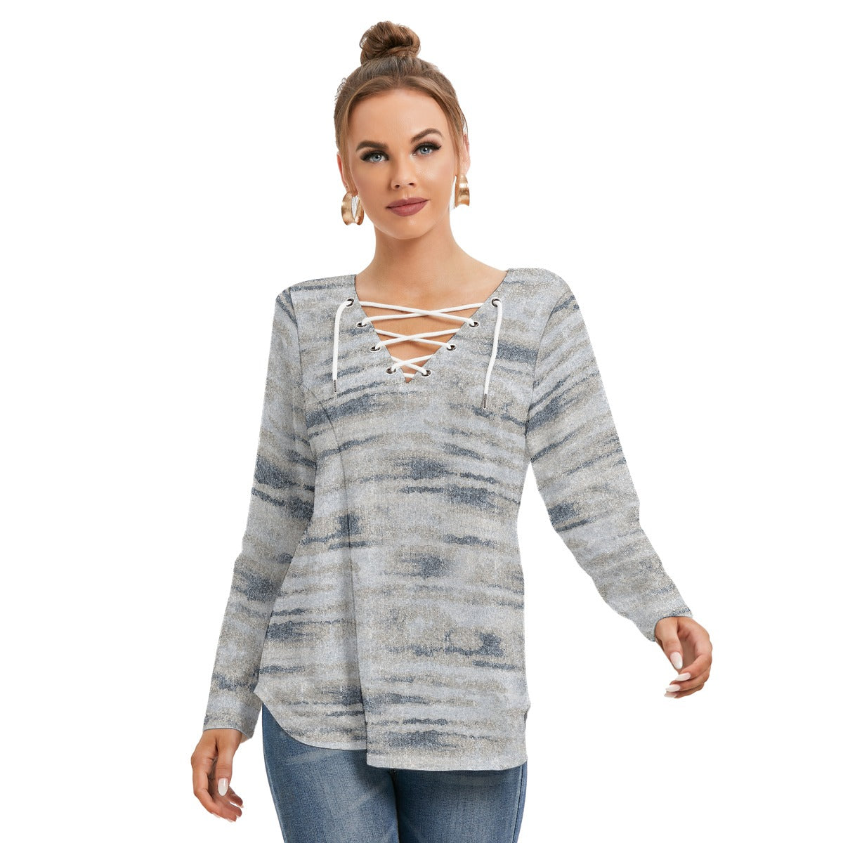 All-Over Print Women's Long Sleeve Neckline Tie Sweatshirt
