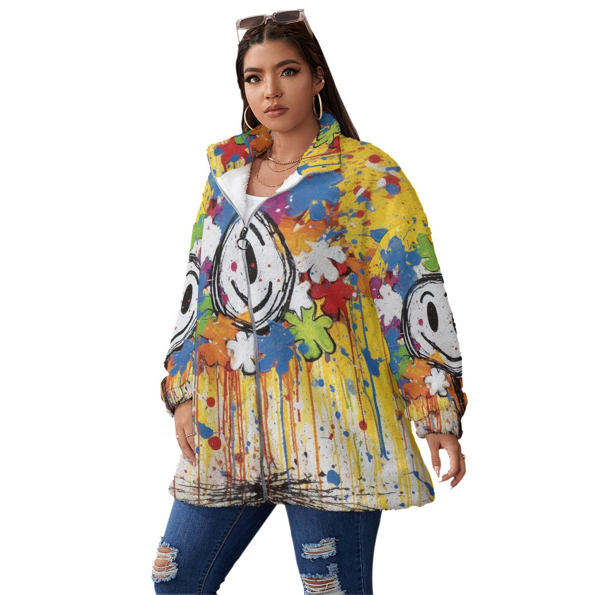 All-Over Print Unisex Borg Fleece Stand-up Collar Coat With Zipper Closure(Plus Size)