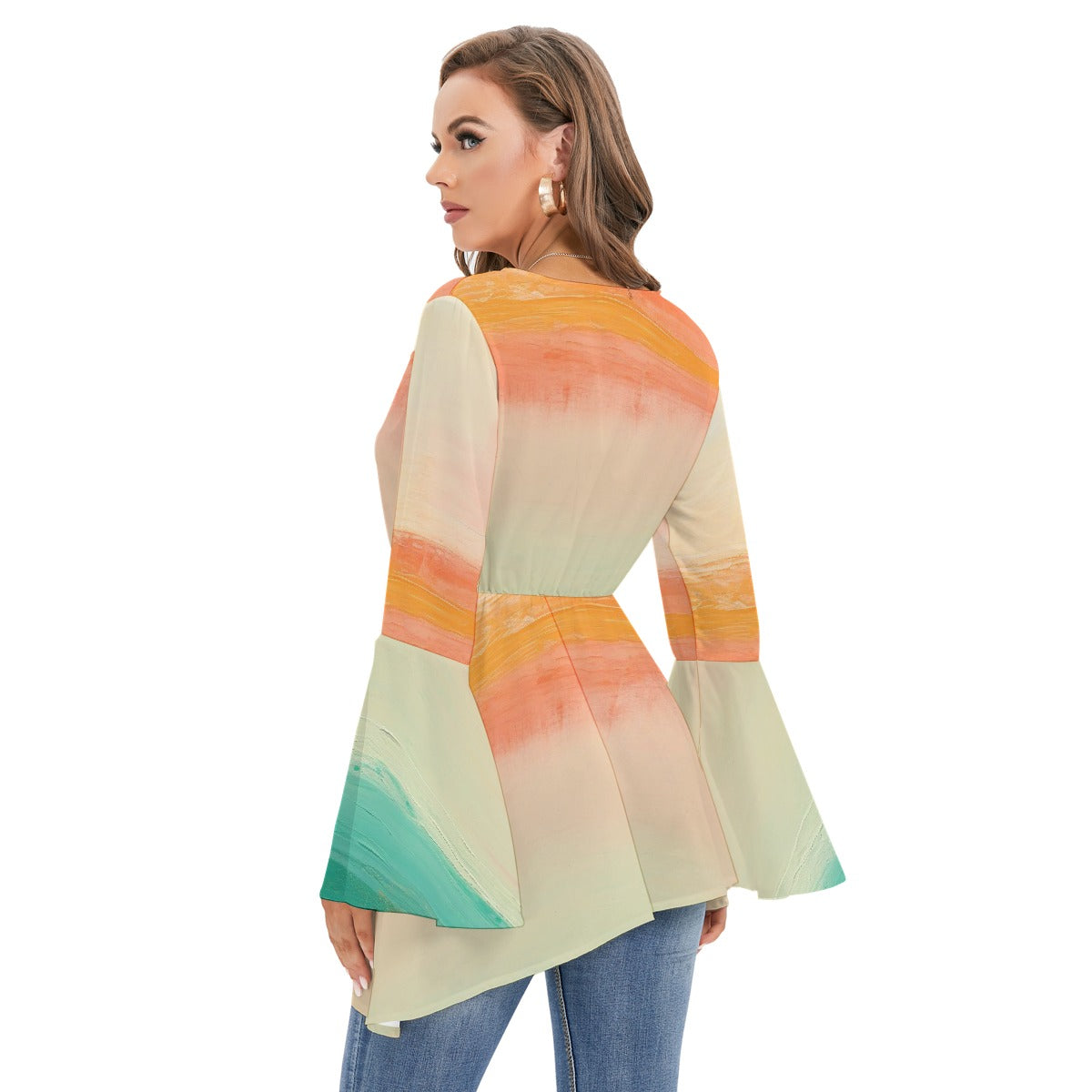 All-Over Print Women's V-neck Blouse With Flared Sleeves