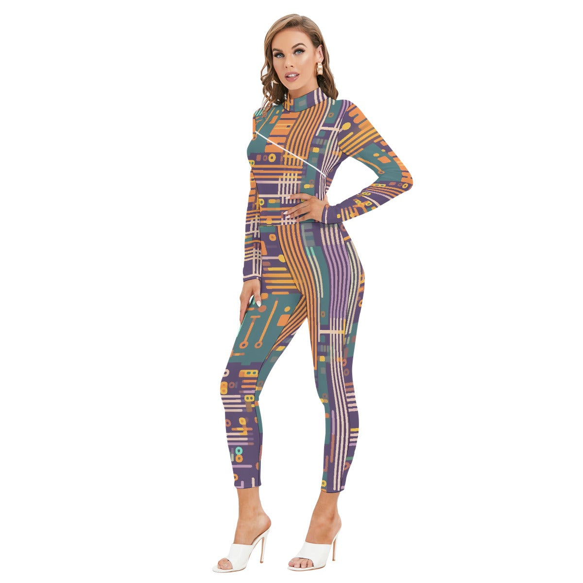 All-Over Print Women's Long-sleeved High-neck Jumpsuit With Zipper