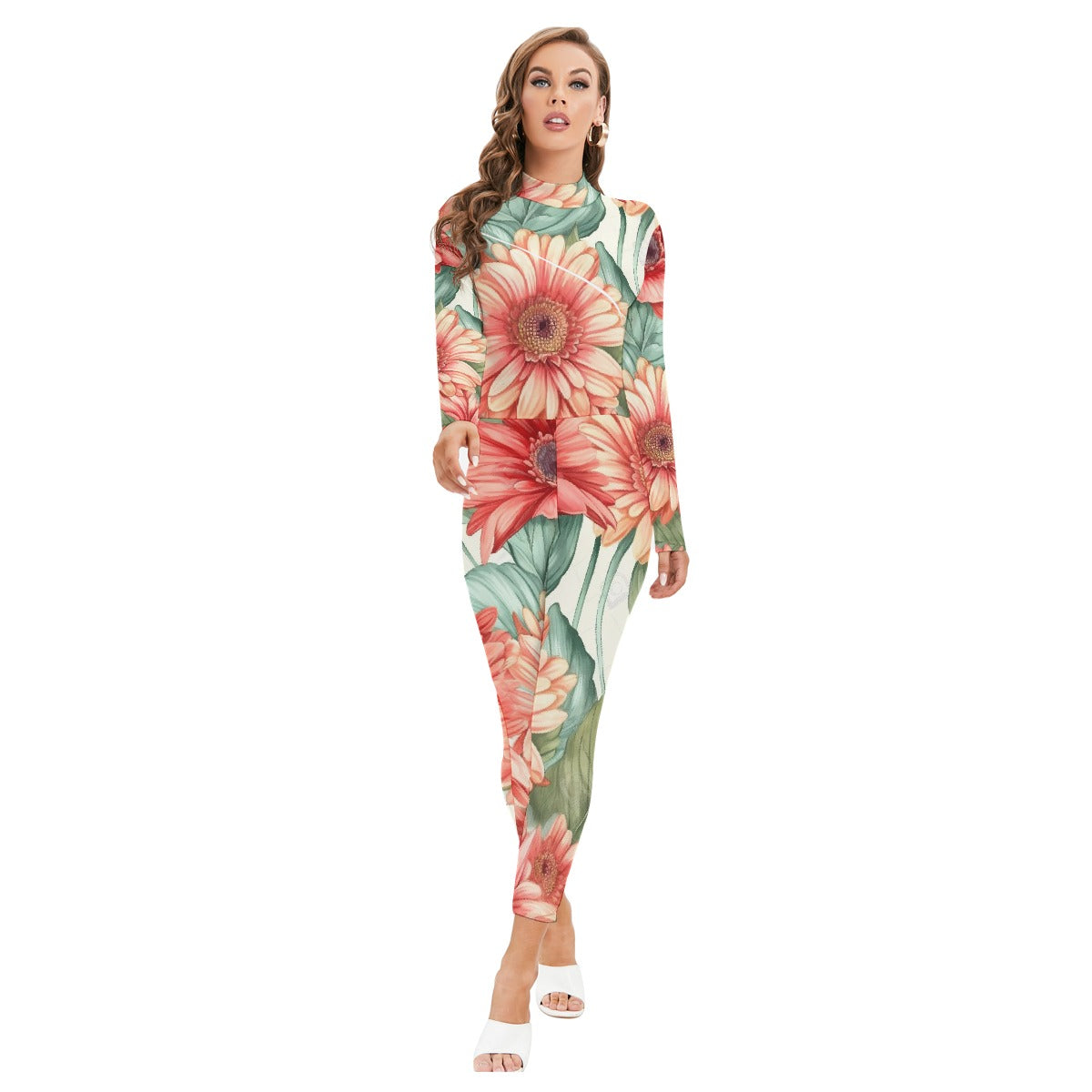 All-Over Print Women's Long-sleeved High-neck Jumpsuit With Zipper