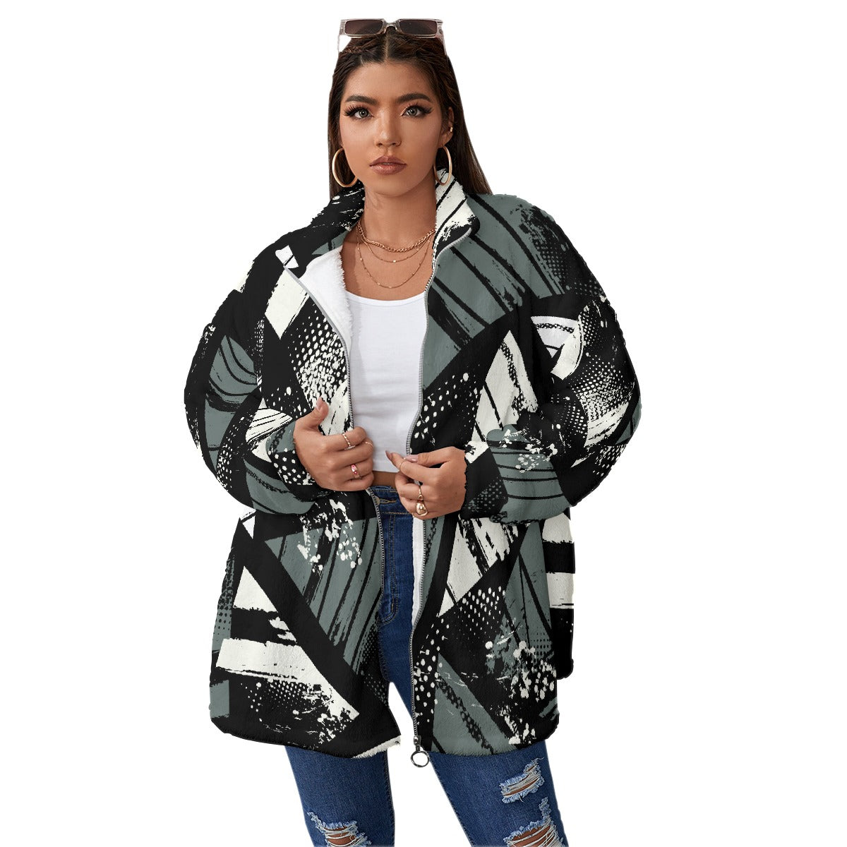 All-Over Print Unisex Borg Fleece Stand-up Collar Coat With Zipper Closure(Plus Size)