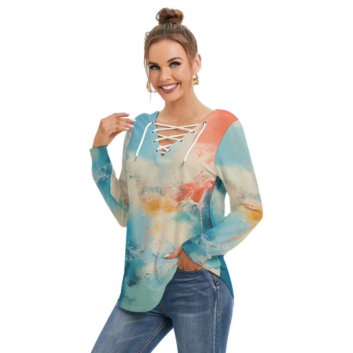 All-Over Print Women's Long Sleeve Neckline Tie Sweatshirt