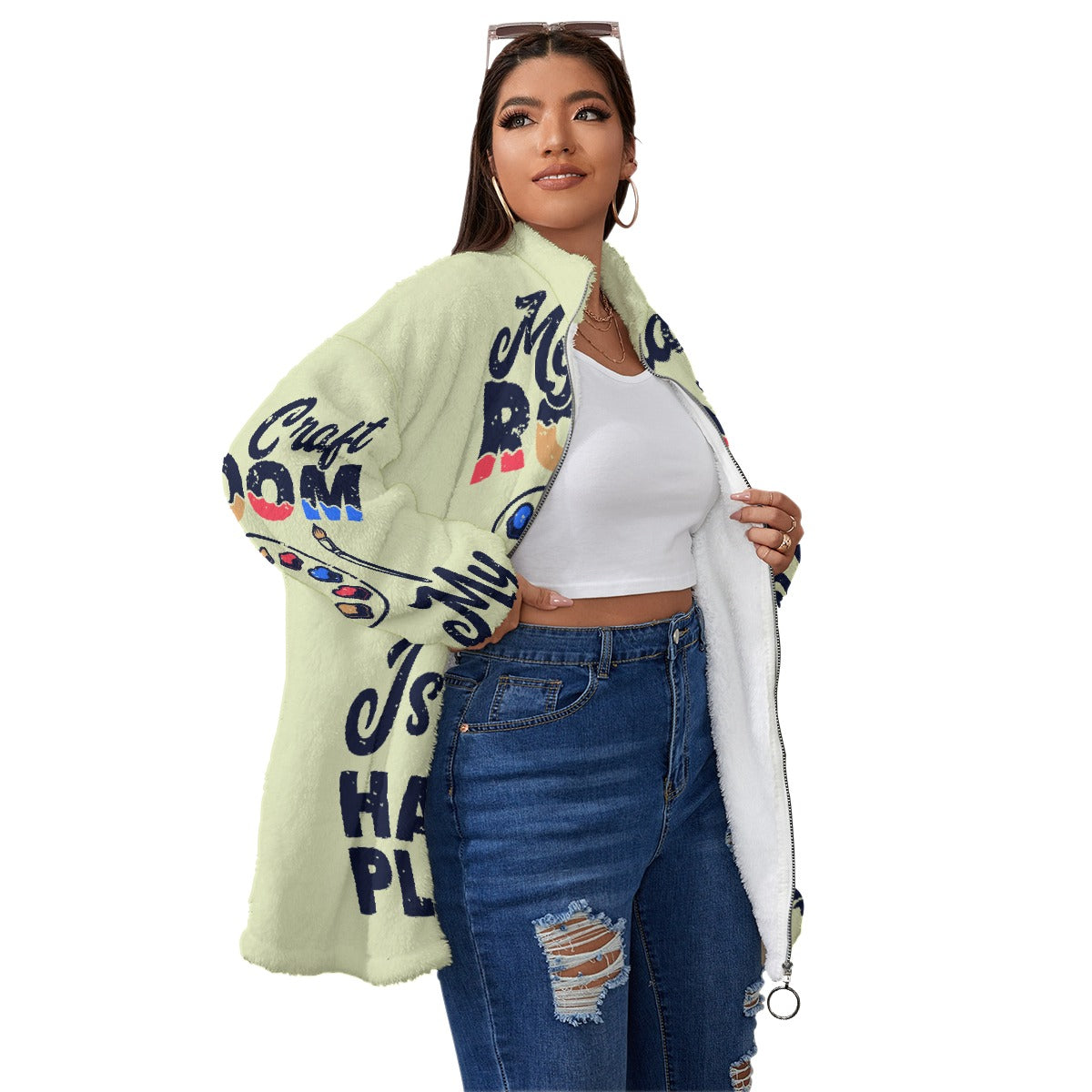 All-Over Print Unisex Borg Fleece Stand-up Collar Coat With Zipper Closure(Plus Size)