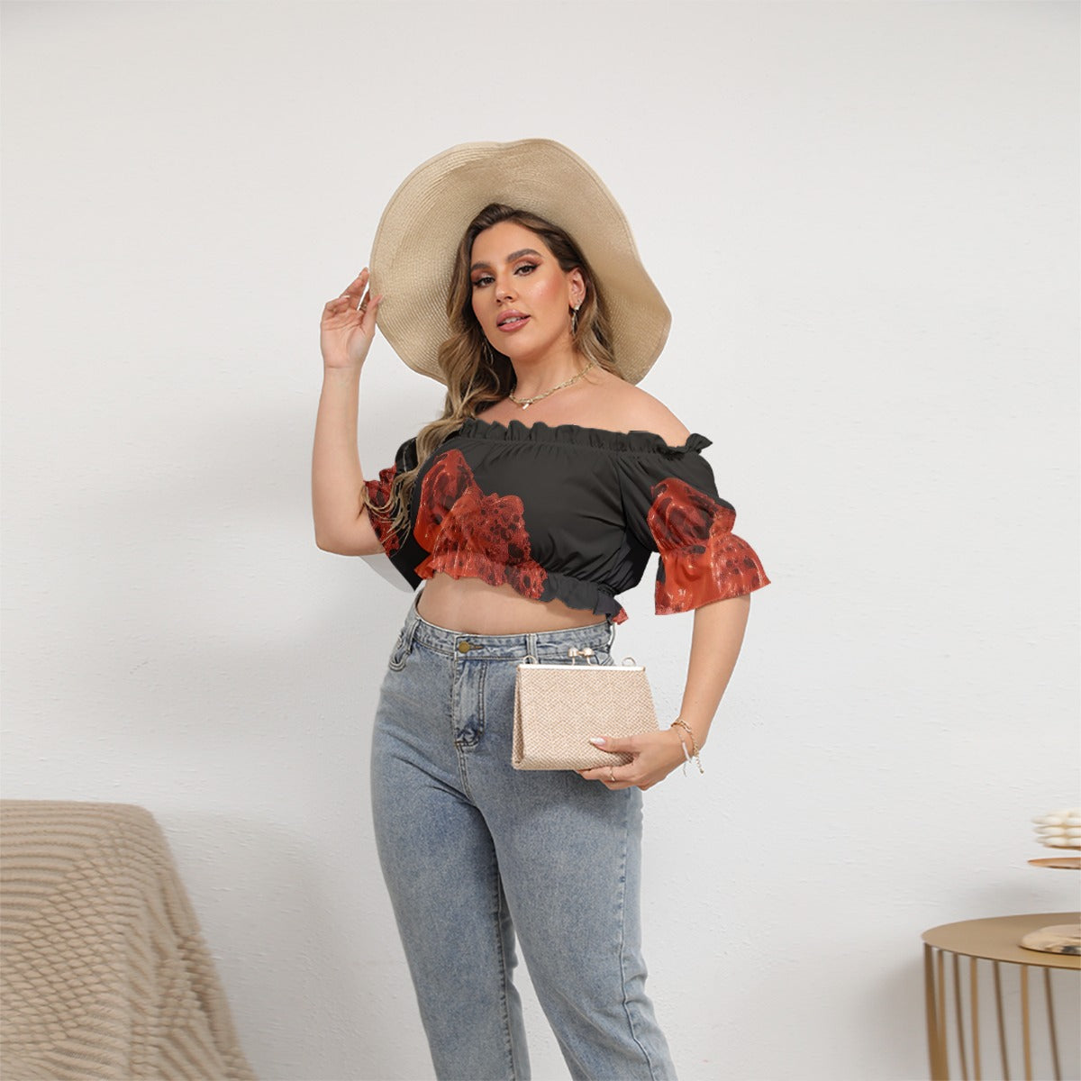 All-Over Print Women's Off-shoulder Cropped Top With Short Puff Sleeve