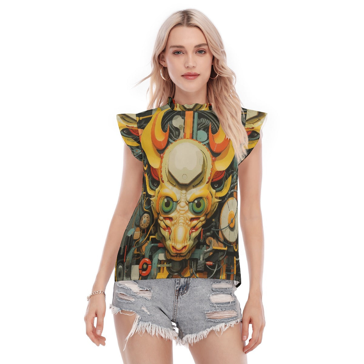 All-Over Print Women's Blouse With Ruffle Collar And Sleeve