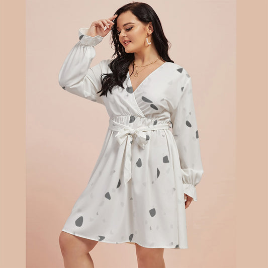 All-Over Print Women's V-neck Dress With Waistband(Plus Size)