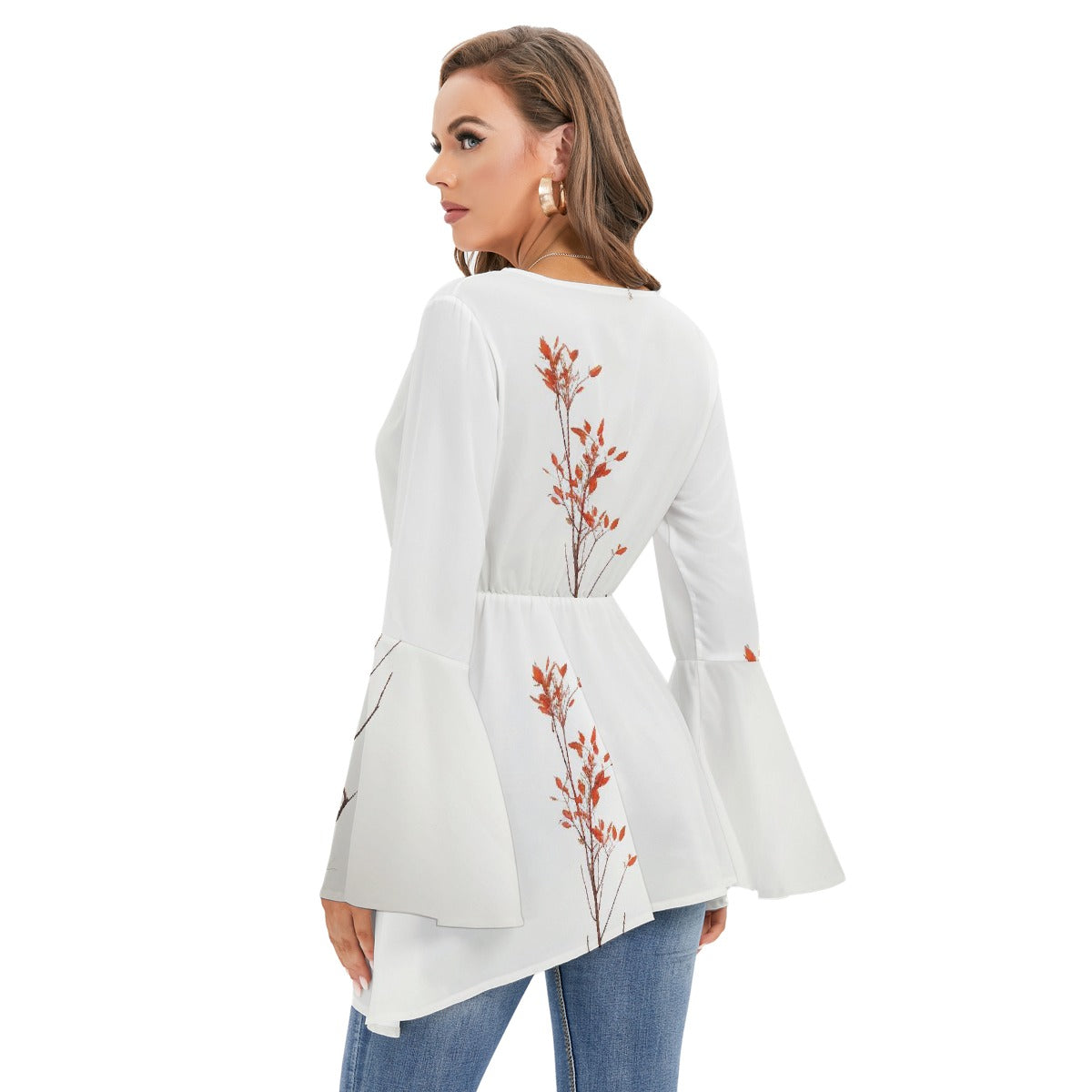 All-Over Print Women's V-neck Blouse With Flared Sleeves
