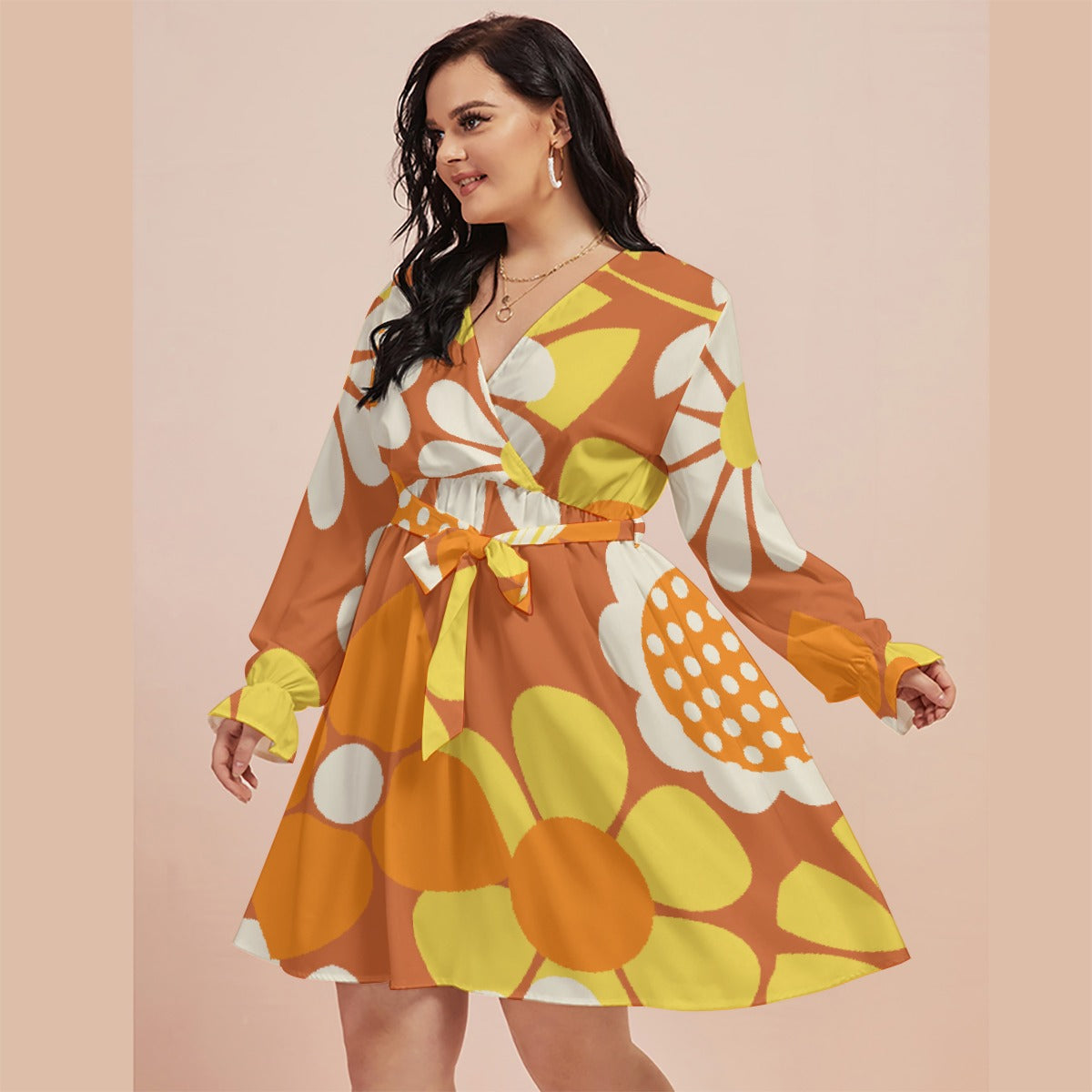 All-Over Print Women's V-neck Dress With Waistband(Plus Size)