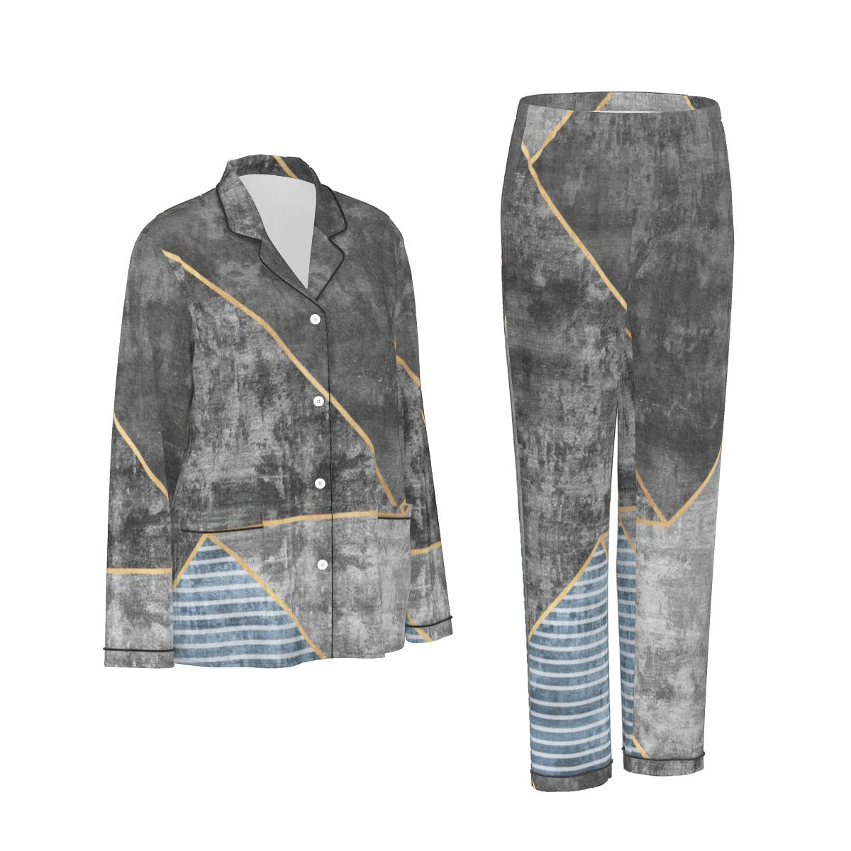 All-Over Print Women's Long Sleeve Pajama Set With Black Contrast Piping