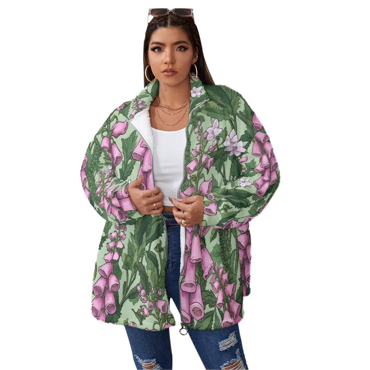 All-Over Print Unisex Borg Fleece Stand-up Collar Coat With Zipper Closure(Plus Size)