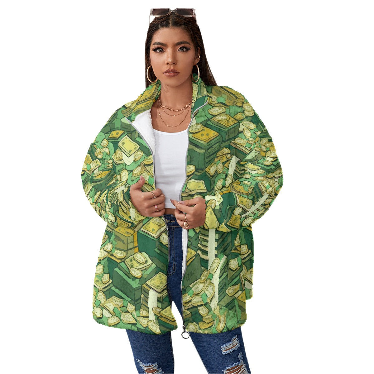 All-Over Print Unisex Borg Fleece Stand-up Collar Coat With Zipper Closure(Plus Size)