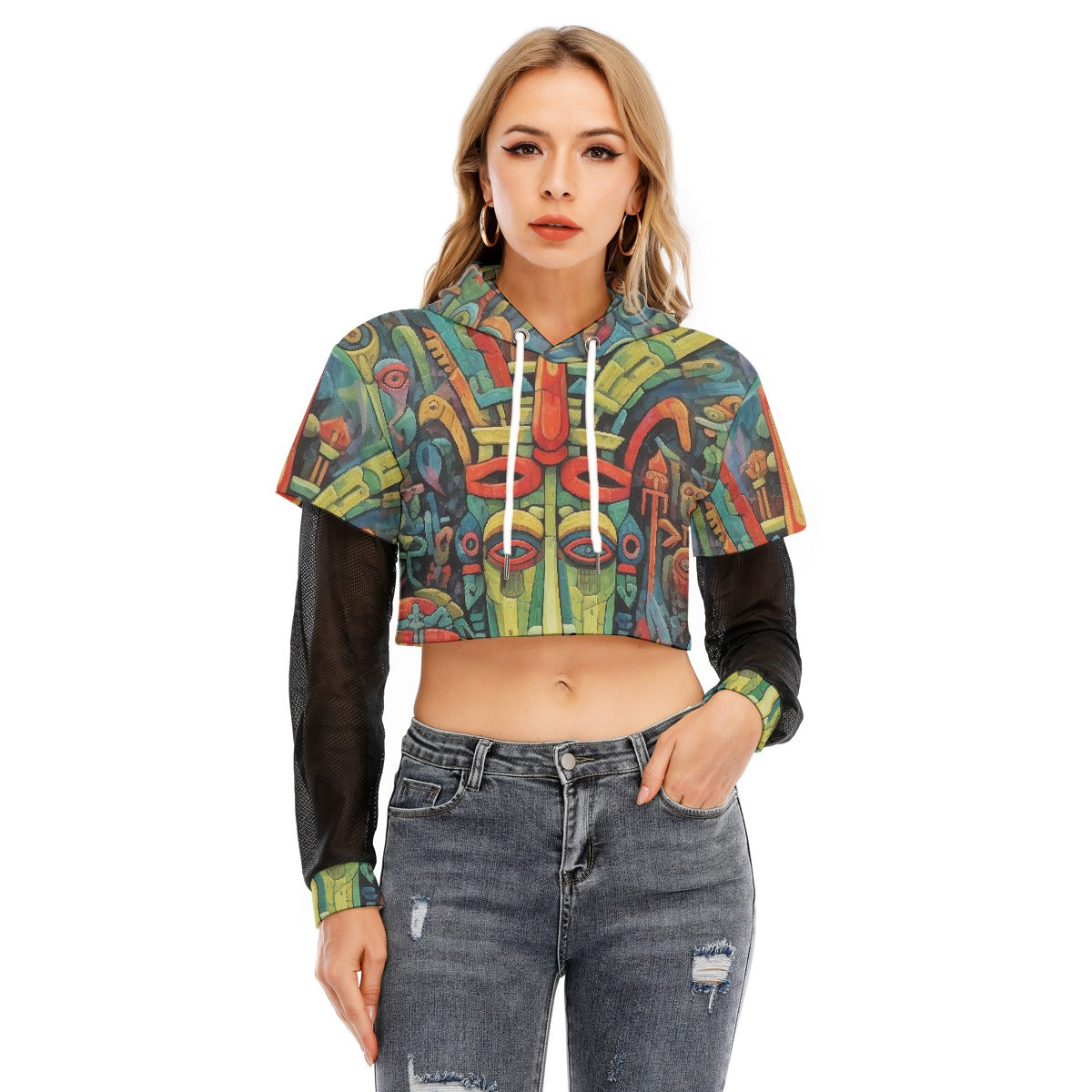 All-Over Print Women's Fake Two-piece Mesh Sleeve Cropped Hoodie