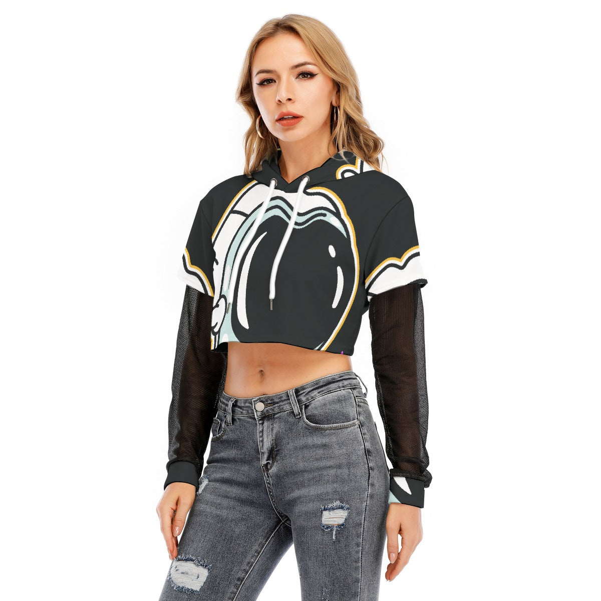 All-Over Print Women's Fake Two-piece Mesh Sleeve Cropped Hoodie