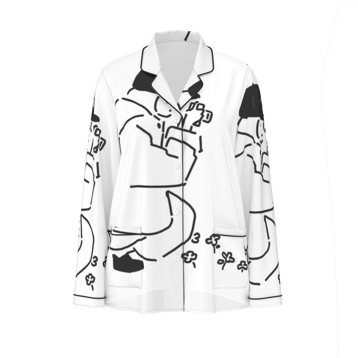 All-Over Print Women's Long Sleeve Pajama Set With Black Contrast Piping