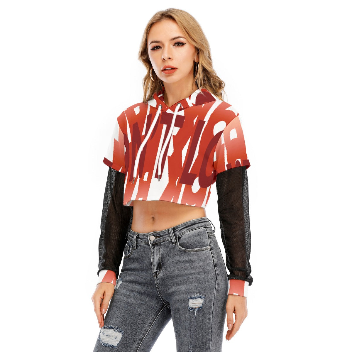 All-Over Print Women's Fake Two-piece Mesh Sleeve Cropped Hoodie