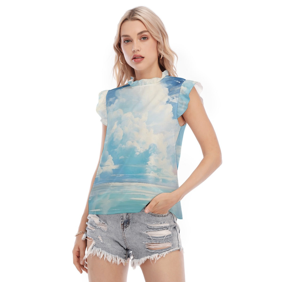 All-Over Print Women's Blouse With Ruffle Collar And Sleeve