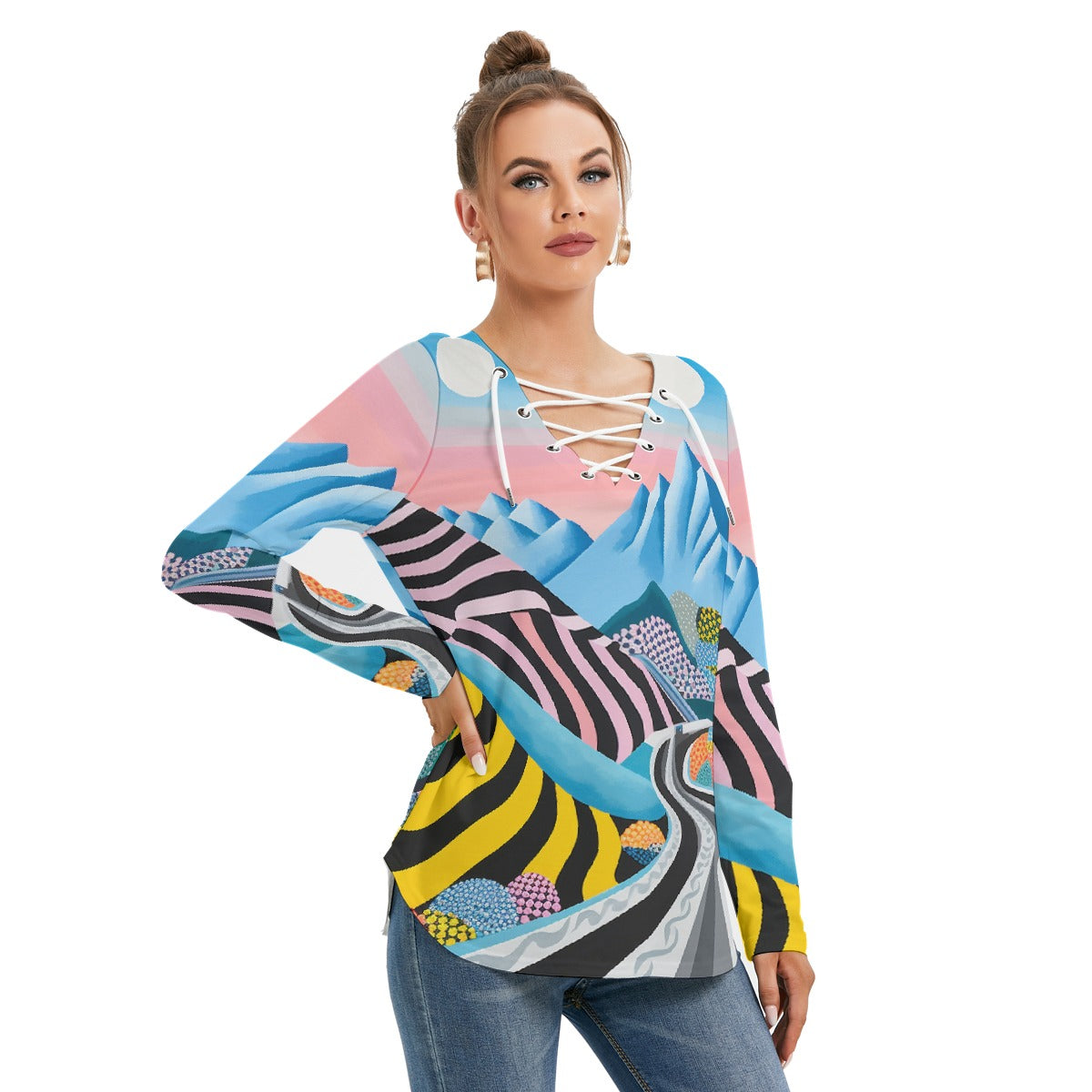 All-Over Print Women's Long Sleeve Neckline Tie Sweatshirt