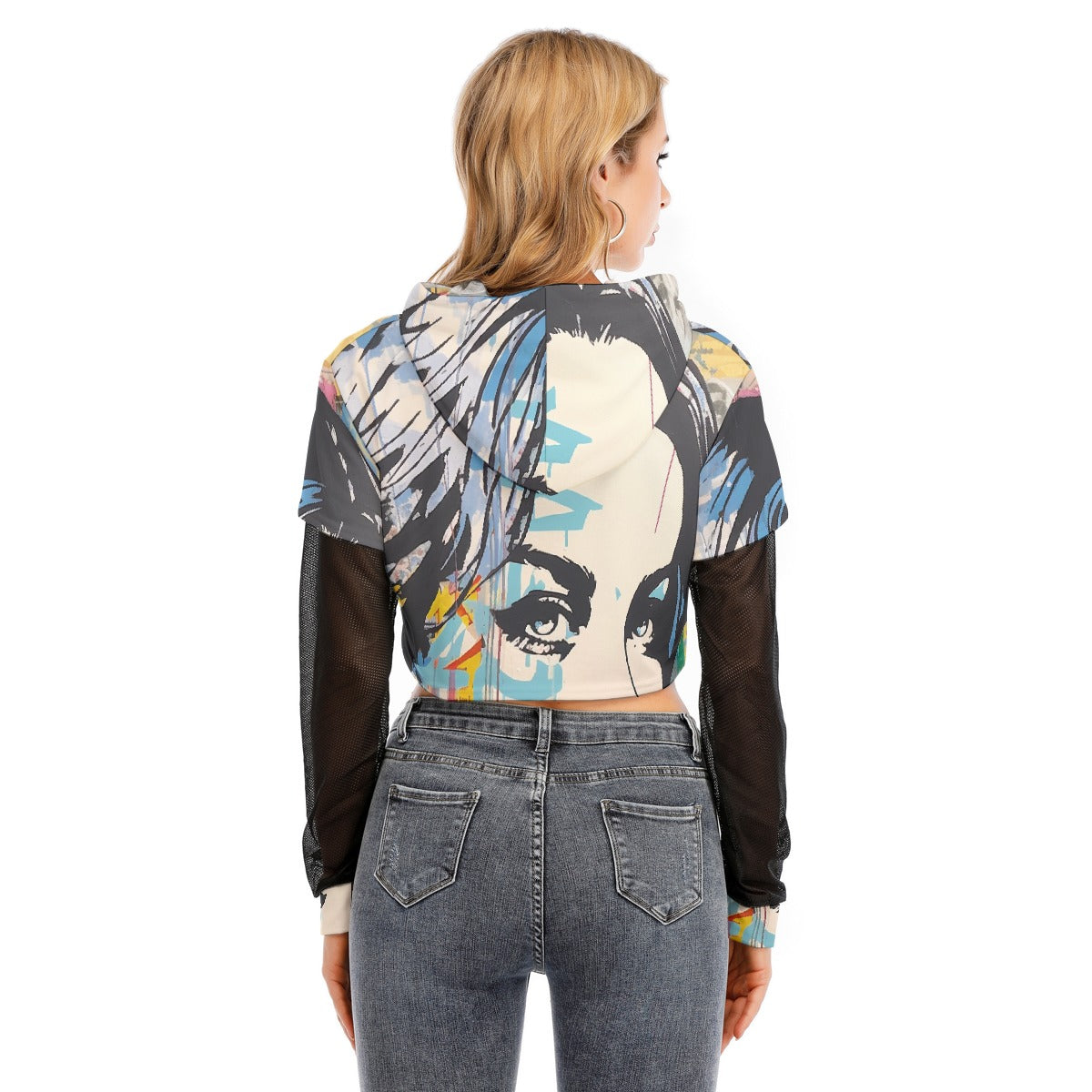 All-Over Print Women's Fake Two-piece Mesh Sleeve Cropped Hoodie